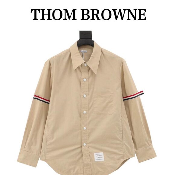 THOM BROWNE Grey classic three-stripe web armband long-sleeved shirt  2 - Picture 1 of 9
